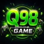 Q98 Game logo featuring bright green 3D text, gaming controller, glowing dice, and a futuristic neon casino-style design.