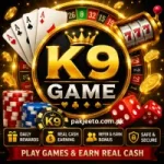 K9 Game casino-style feature image with cards, roulette wheel, chips, dice, and real cash rewards.