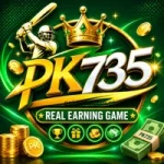 PK735 Real Earning Game logo with cricket player, crown, coins, and rewards.