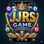 JJRS Game logo on a smartphone screen with colorful lottery balls, golden crown, trophy, and premium gaming theme.