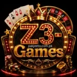 Z3 Games casino-style logo with gold 3D text, poker cards, roulette wheel, crown, chips, and dice on a dark background.