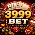 3999Bet casino game banner featuring gold lettering, playing cards, poker chips, dice, roulette wheel, and slot machine symbols.