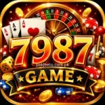 7987 Game casino-themed icon with golden numbers, playing cards, roulette wheel, chips, and coins.