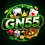 GN55 casino-style logo with playing cards, dice, roulette wheel, and gold coins on a green glowing background.