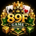 89F Game casino logo with gold crown, playing cards, coins, and dice.