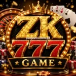 Gold casino style ZK777 GAME logo with glowing lights and 777 theme design.