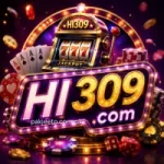 HI309 Game neon casino logo with slot machine, chips, cards, and jackpot theme