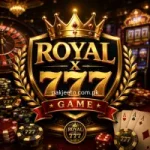 Royal X777 Game casino style logo with golden crown, poker chips, playing cards, roulette wheel, and luxury gaming background.