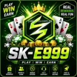 SK E999 Game green casino style gaming poster with cards, chips, coins and crown logo.