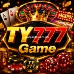 TY777 Game casino logo with roulette wheel, cards, chips, and dice.